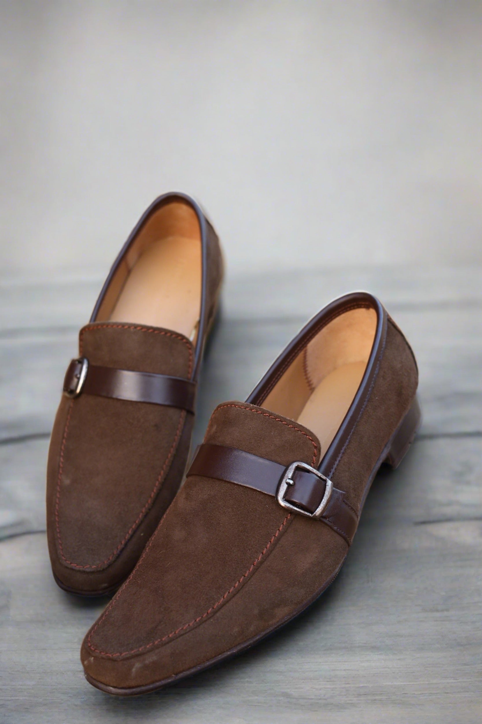 Brown Suede Loafers Elegant Men s Leather Shoes with Metal Buckle