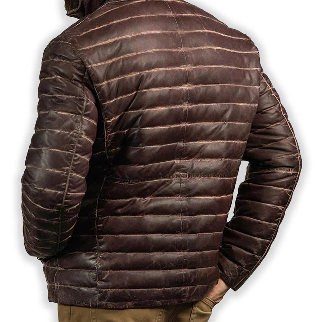 Brown Puffer Leather Jacket for Men Stylish