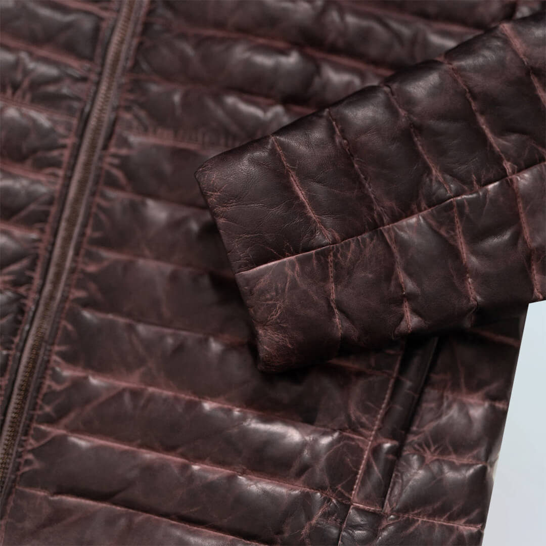 Brown Puffer Leather Jacket for Men Stylish