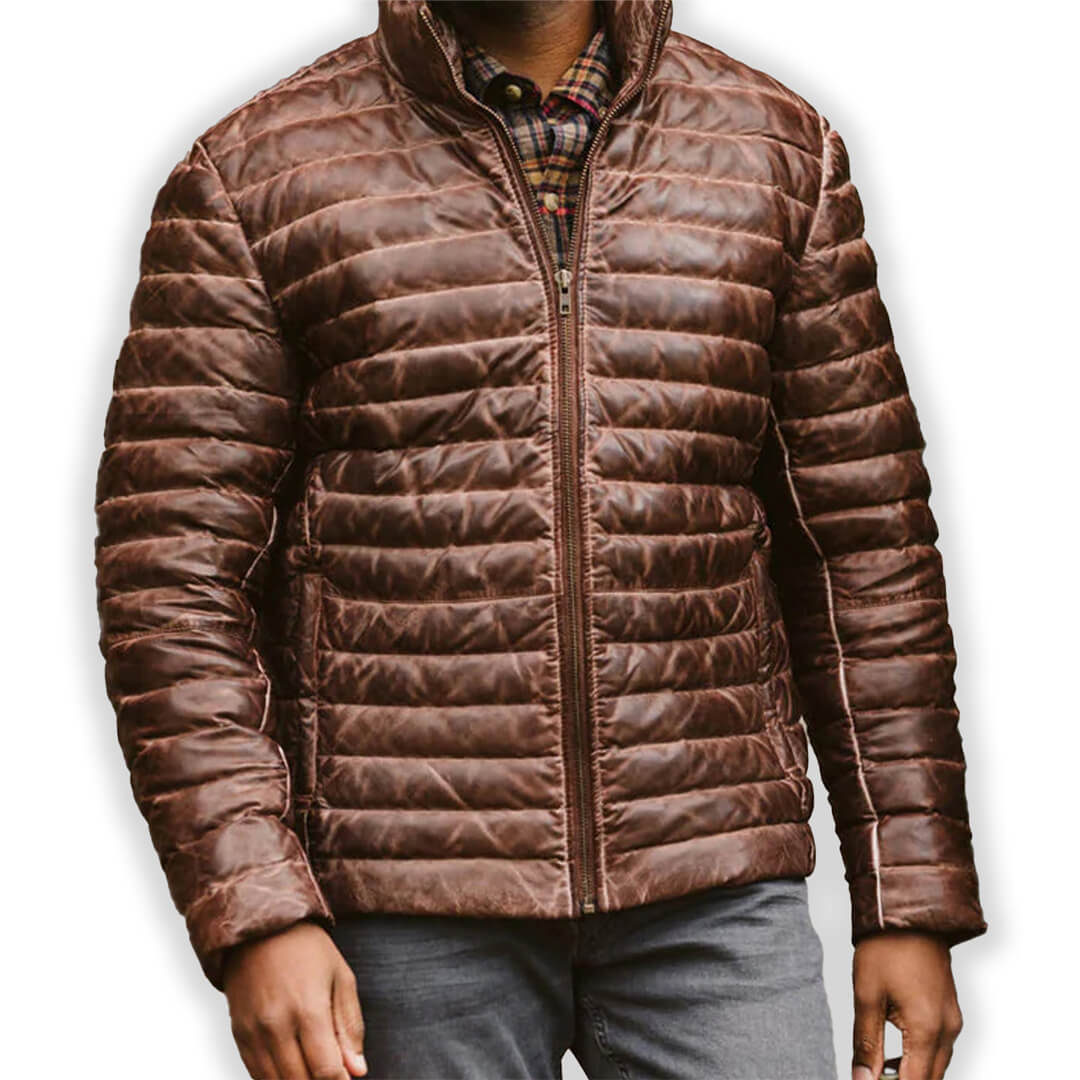 Brown Puffer Leather Jacket for Men Stylish