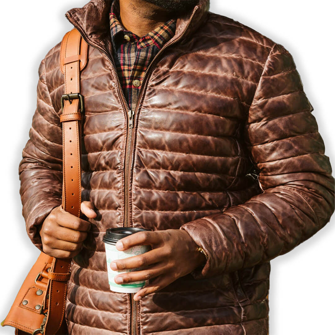 Brown Puffer Leather Jacket for Men Stylish