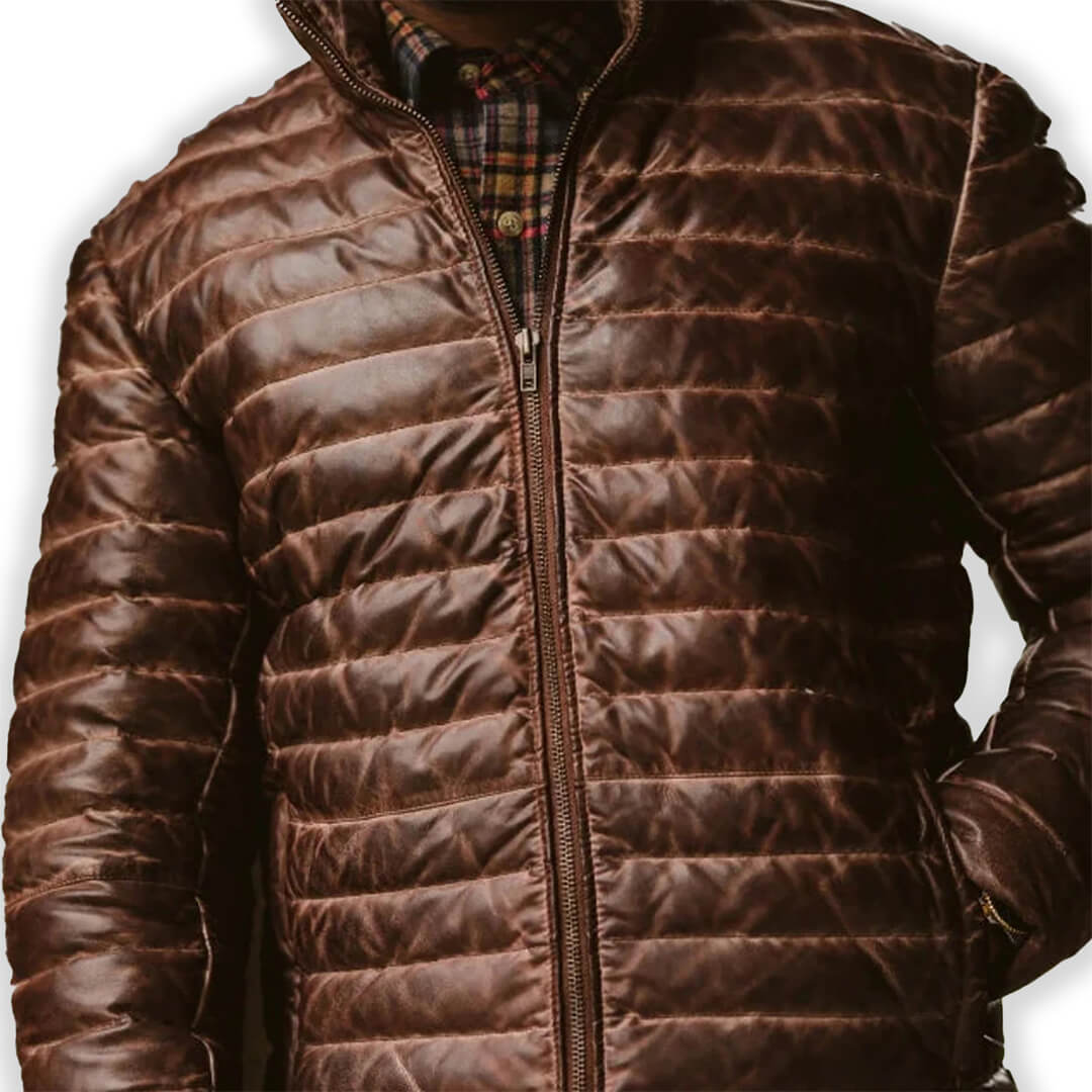 Brown Puffer Leather Jacket for Men Stylish