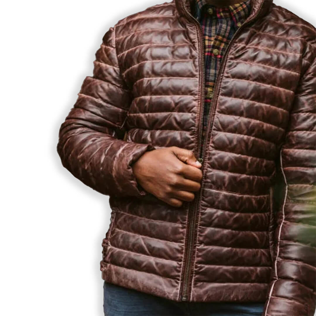 Brown Puffer Leather Jacket for Men Stylish