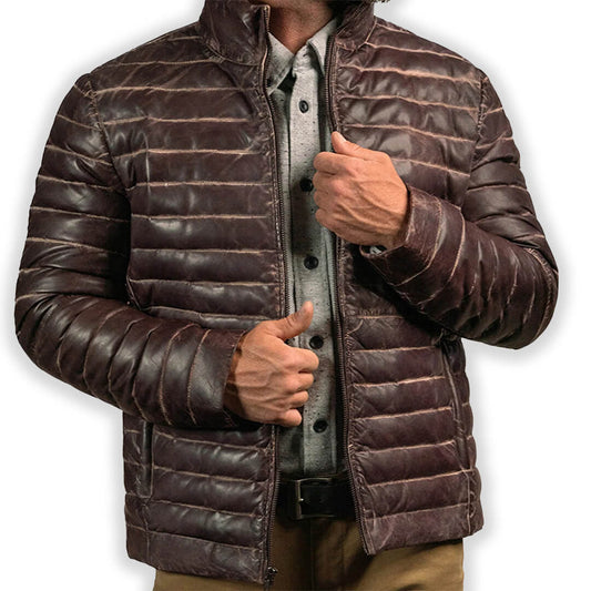 Brown Puffer Leather Jacket for Men Stylish