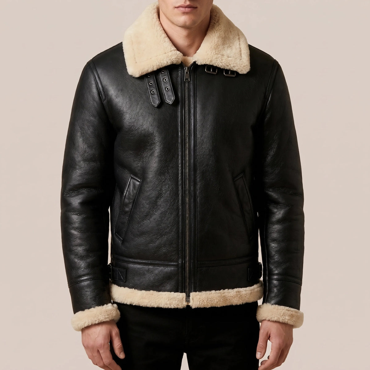 Men’s black B-3 shearling aviator jacket with cream collar, front view