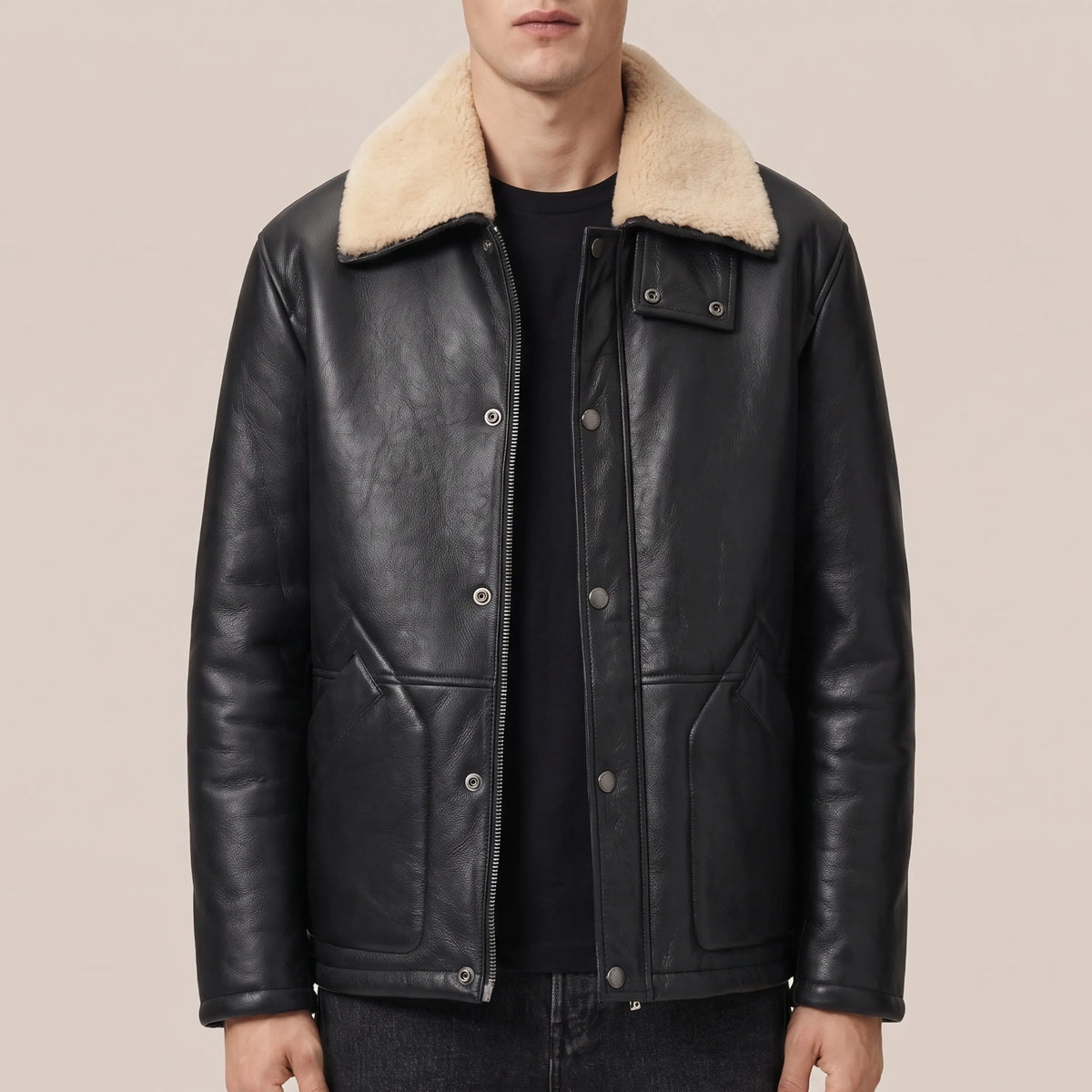 Men’s black cowhide shearling leather coat with sand collar, front view