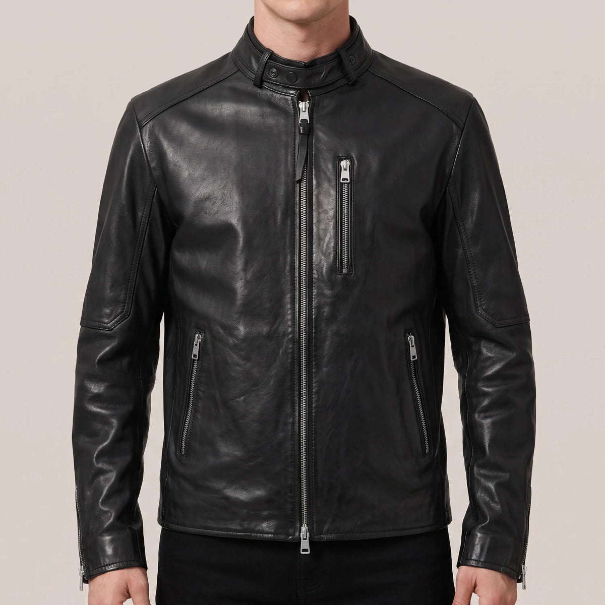 Men’s jet black cowhide leather jacket with snap collar, front view