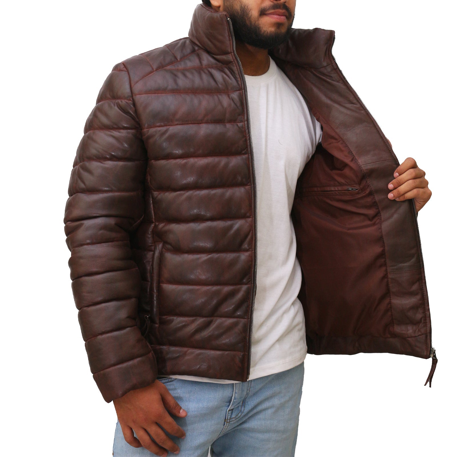 Men's Leather Puffer Down Jacket