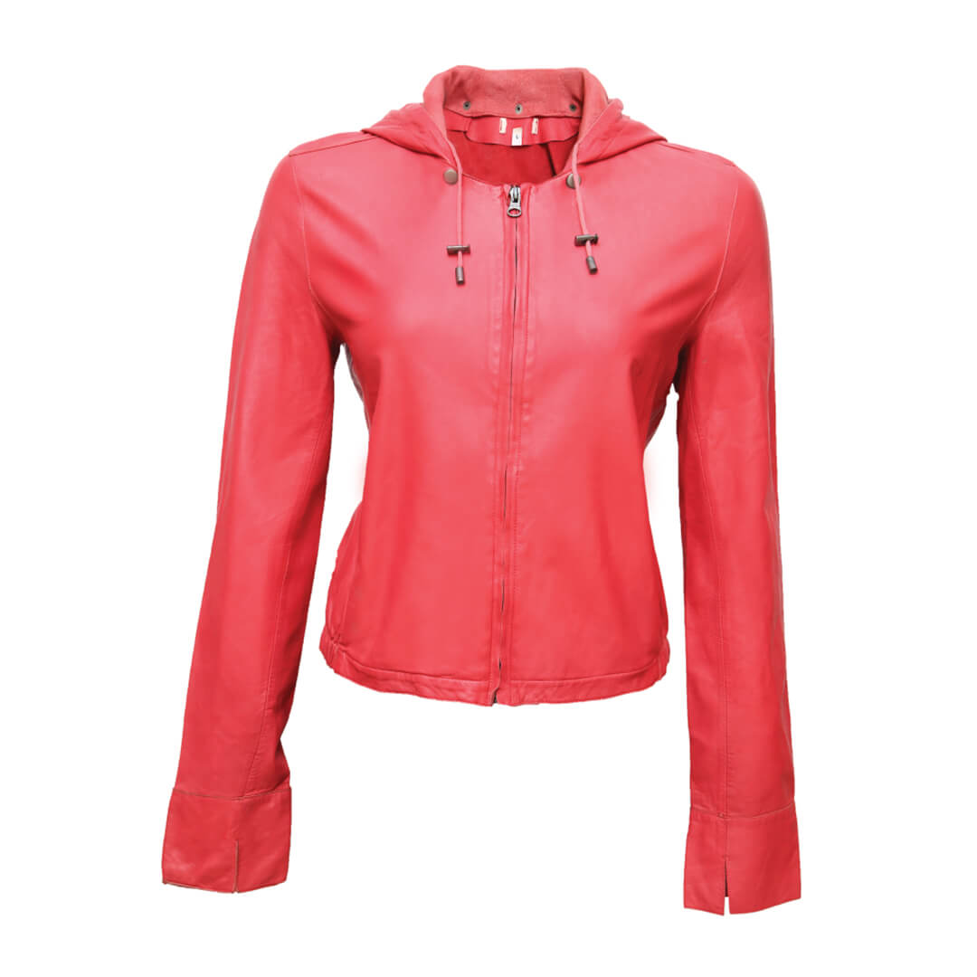 HEIDI Pink Leather Hoodie Soft Solid Color Jacket Long Sleeves for Women