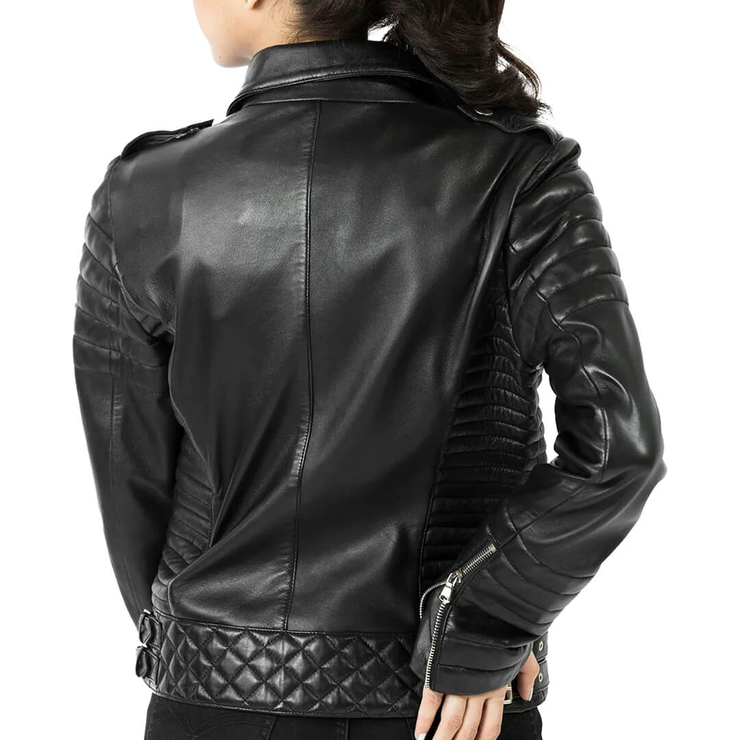 Chic slim-fit women's black leather biker jacket, perfect for motorcycle enthusiasts seeking stylish and durable outerwear.