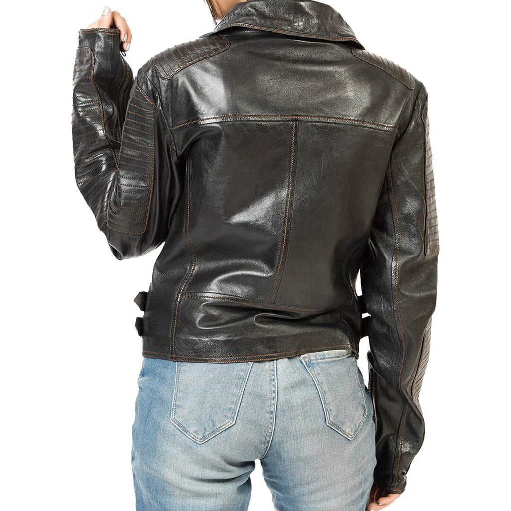 Man wearing authentic vintage black leather biker jacket with classic motorcycle style, designed for durability and riding comfort.