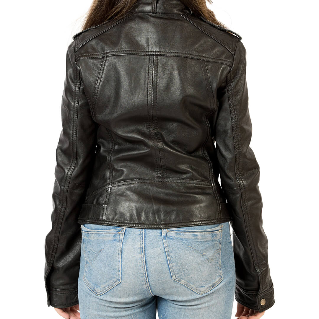 Diana Dark Black Button Leather Jacket for Women