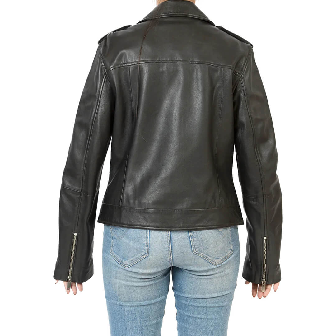 Women's classic black faux leather biker jacket, durable and stylish with an edgy design, perfect for fashion-forward wardrobes.