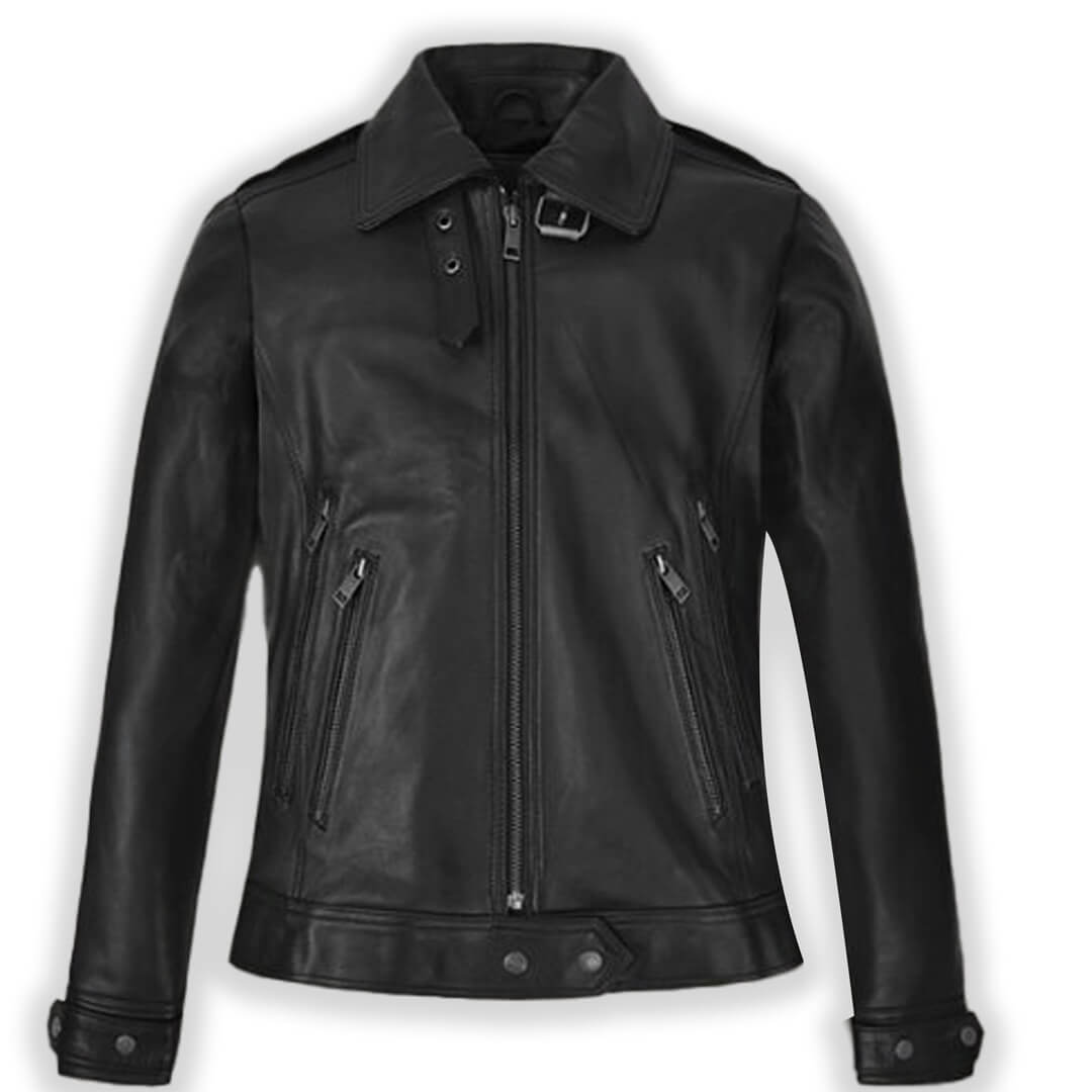 Chic custom leather jacket for women, sleek black design, handcrafted for fashionable and personalized outerwear.