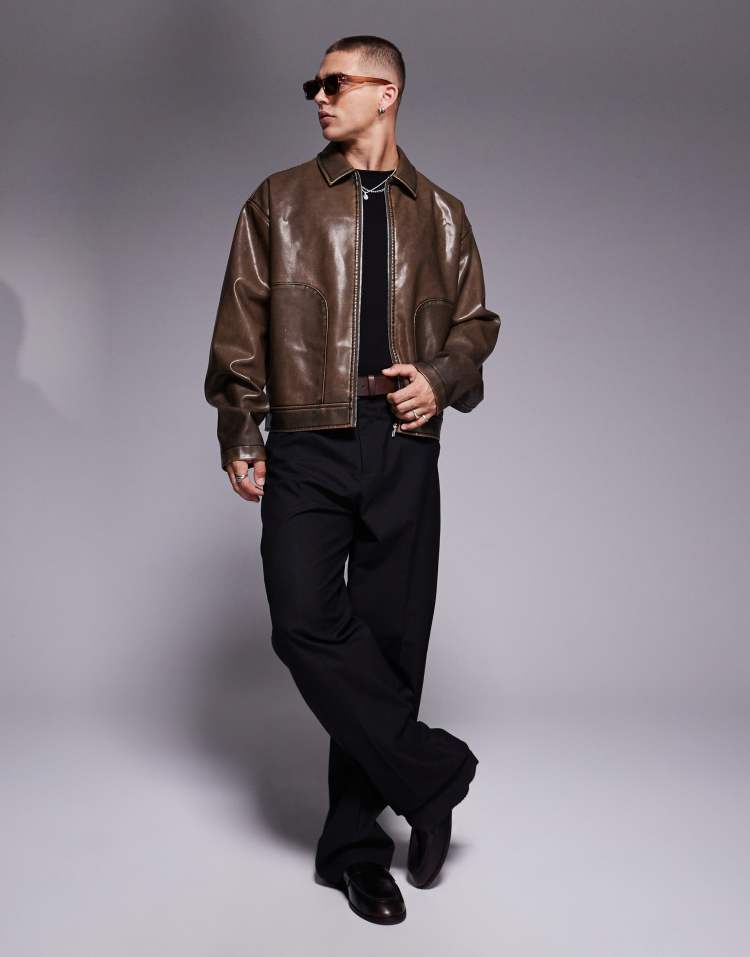 Original Leather Harrington Jacket – Washed Brown Oversized Boxy Fit | Cowskin Jackets