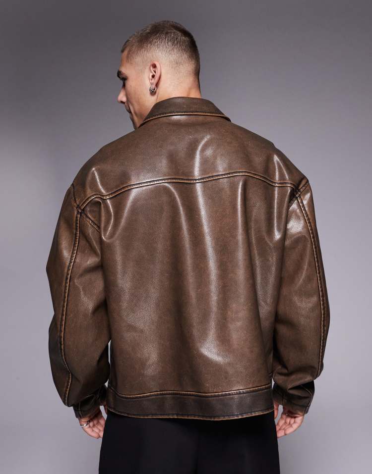 Original Leather Harrington Jacket – Washed Brown Oversized Boxy Fit | Cowskin Jackets