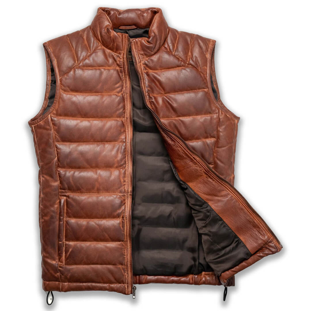 Light brown Nollaige cozy puffer vest, sleeveless and warm, ideal for stylish winter layering.