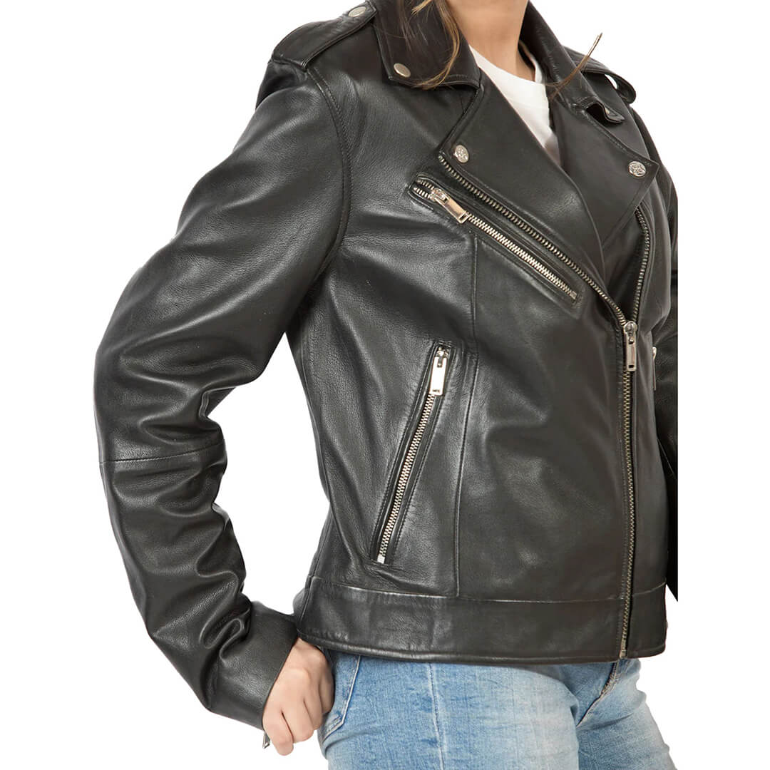 Women's classic black faux leather biker jacket, durable and stylish with an edgy design, perfect for fashion-forward wardrobes.