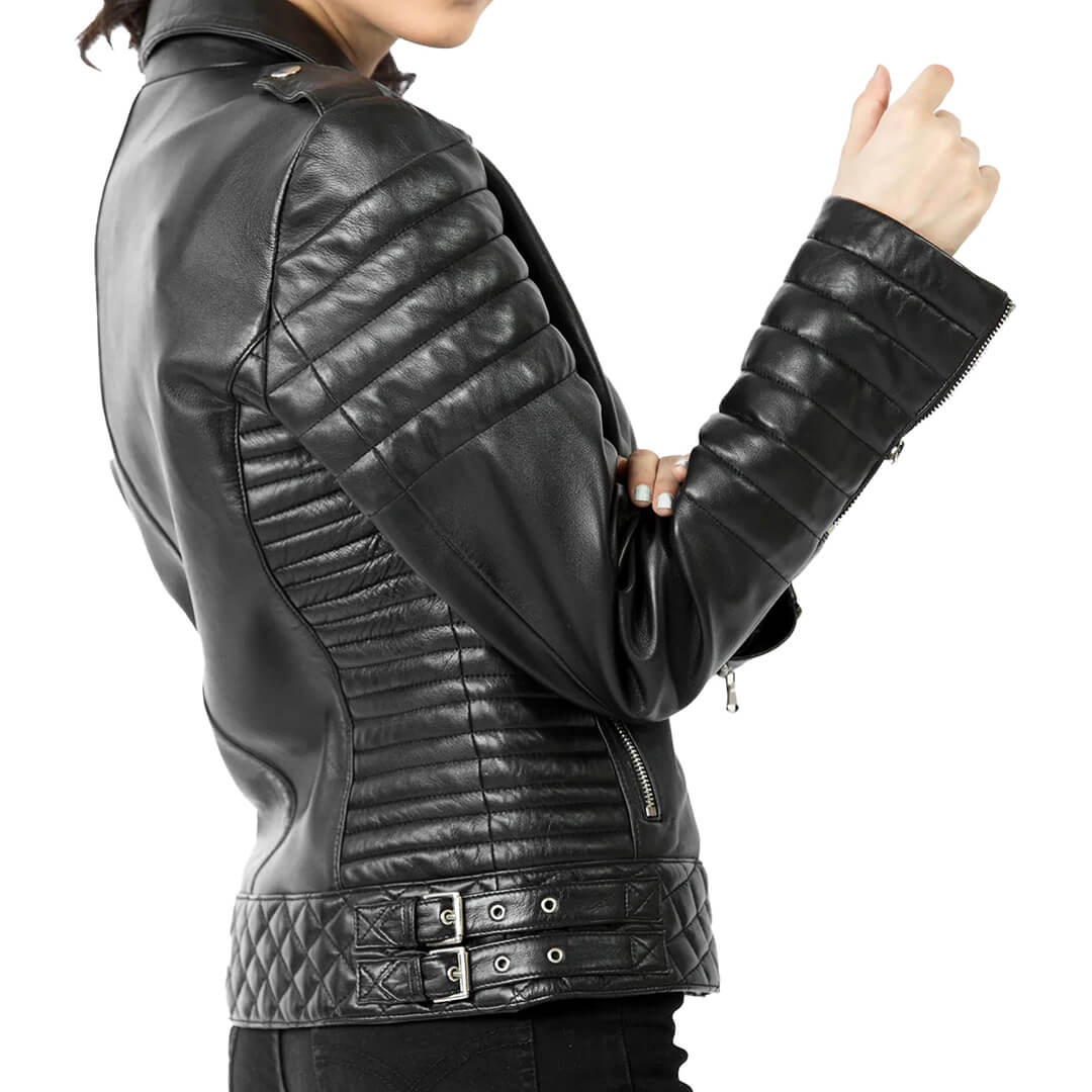 Chic slim-fit women's black leather biker jacket, perfect for motorcycle enthusiasts seeking stylish and durable outerwear.