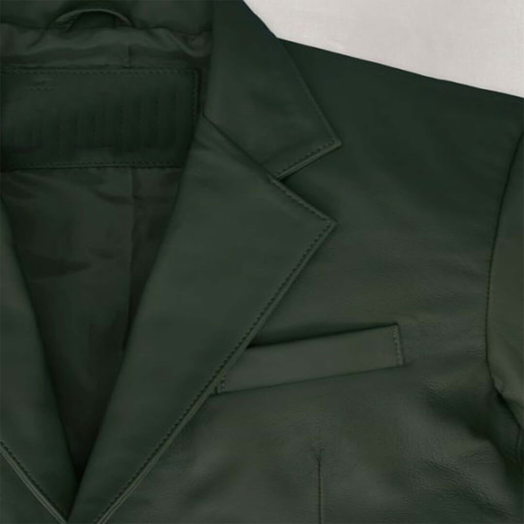 Chic German-inspired tailored green leather blazer, showcasing a fashion-forward fit and sophisticated style for modern outerwear.