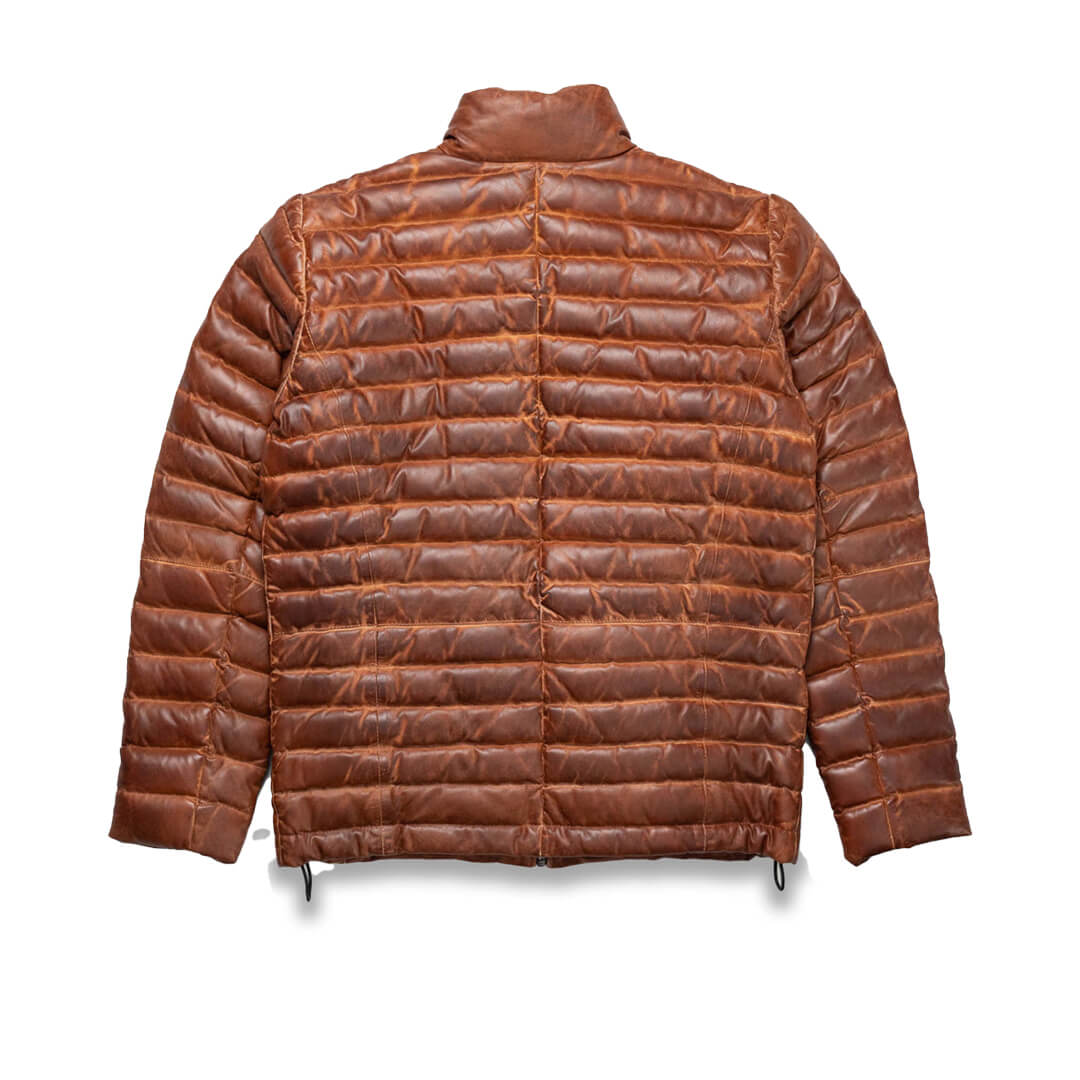 Stylish men's real lambskin leather puffer jacket with a smooth finish and luxurious design on a white background.