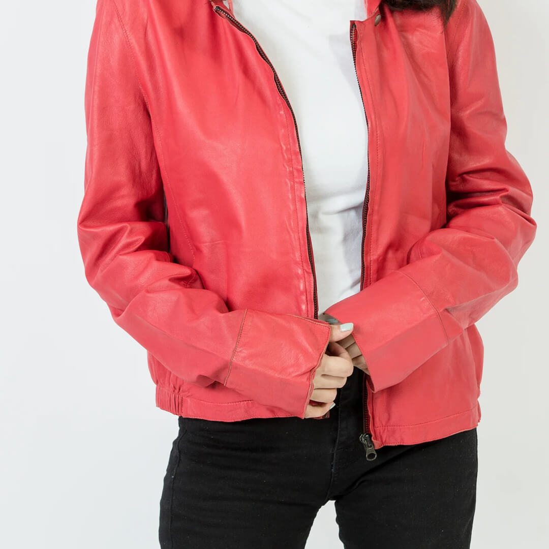 HEIDI Pink Leather Hoodie Soft Solid Color Jacket Long Sleeves for Women