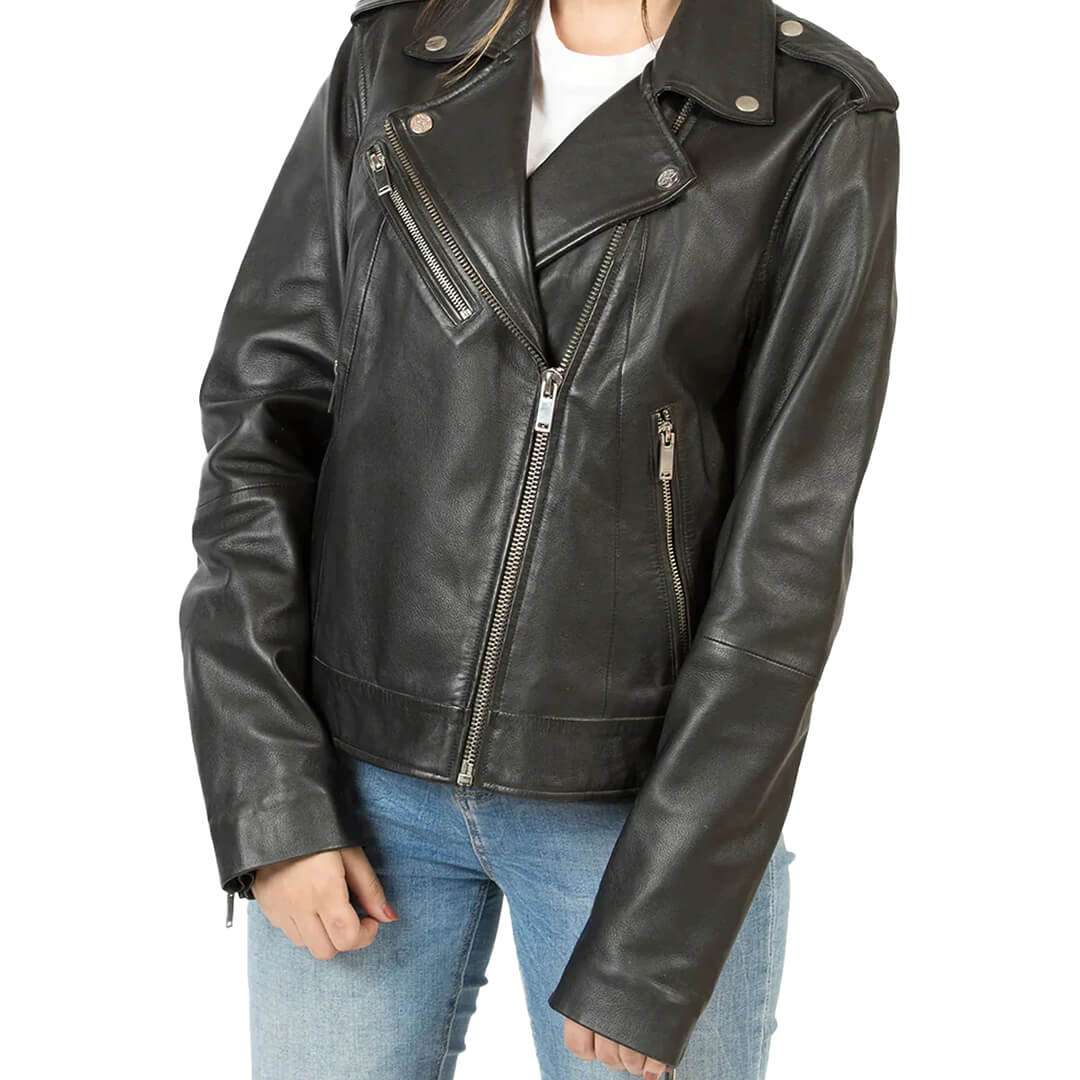 Women's classic black faux leather biker jacket, durable and stylish with an edgy design, perfect for fashion-forward wardrobes.