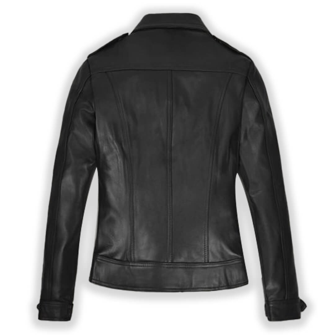 Chic custom leather jacket for women, sleek black design, handcrafted for fashionable and personalized outerwear.