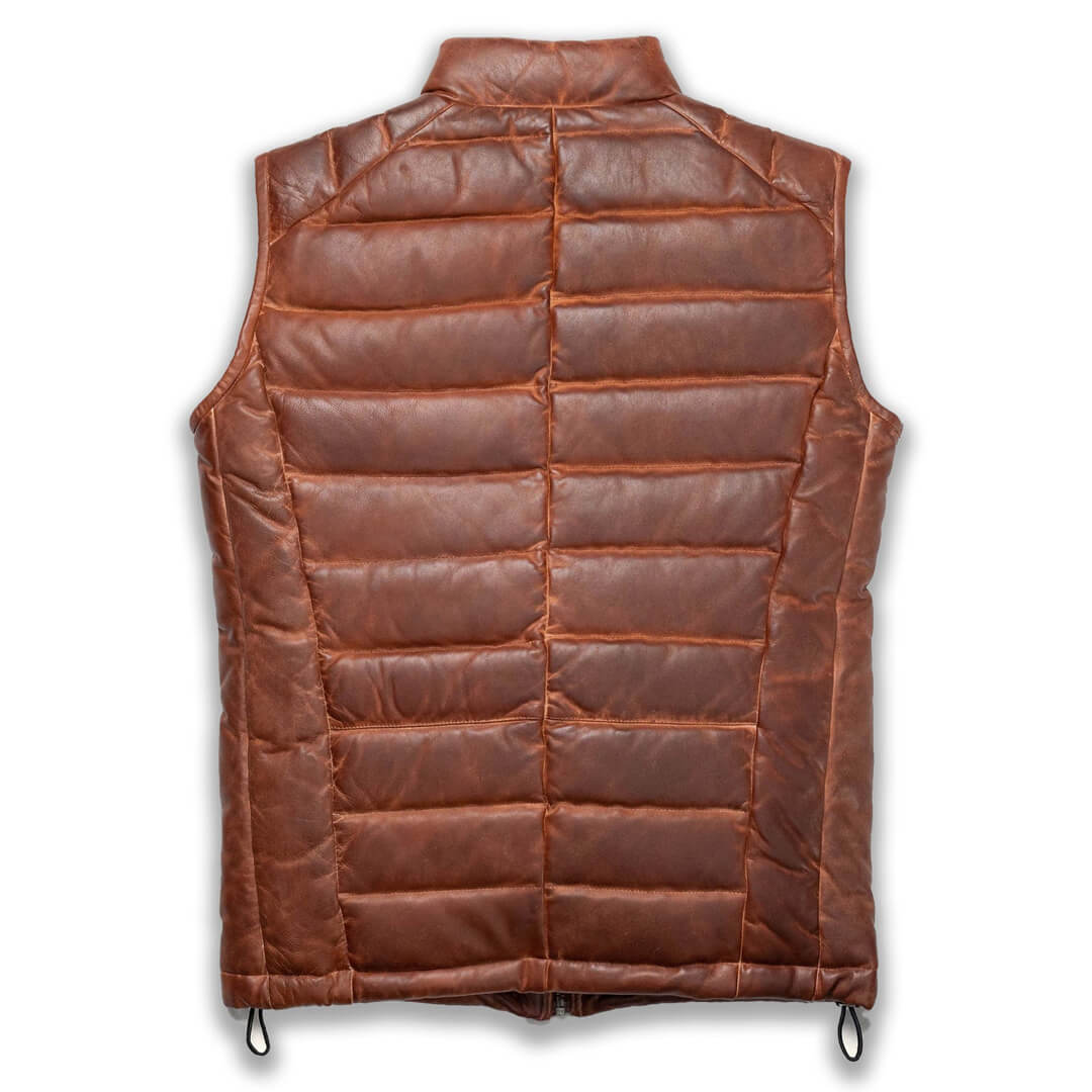 Light brown Nollaige cozy puffer vest, sleeveless and warm, ideal for stylish winter layering.