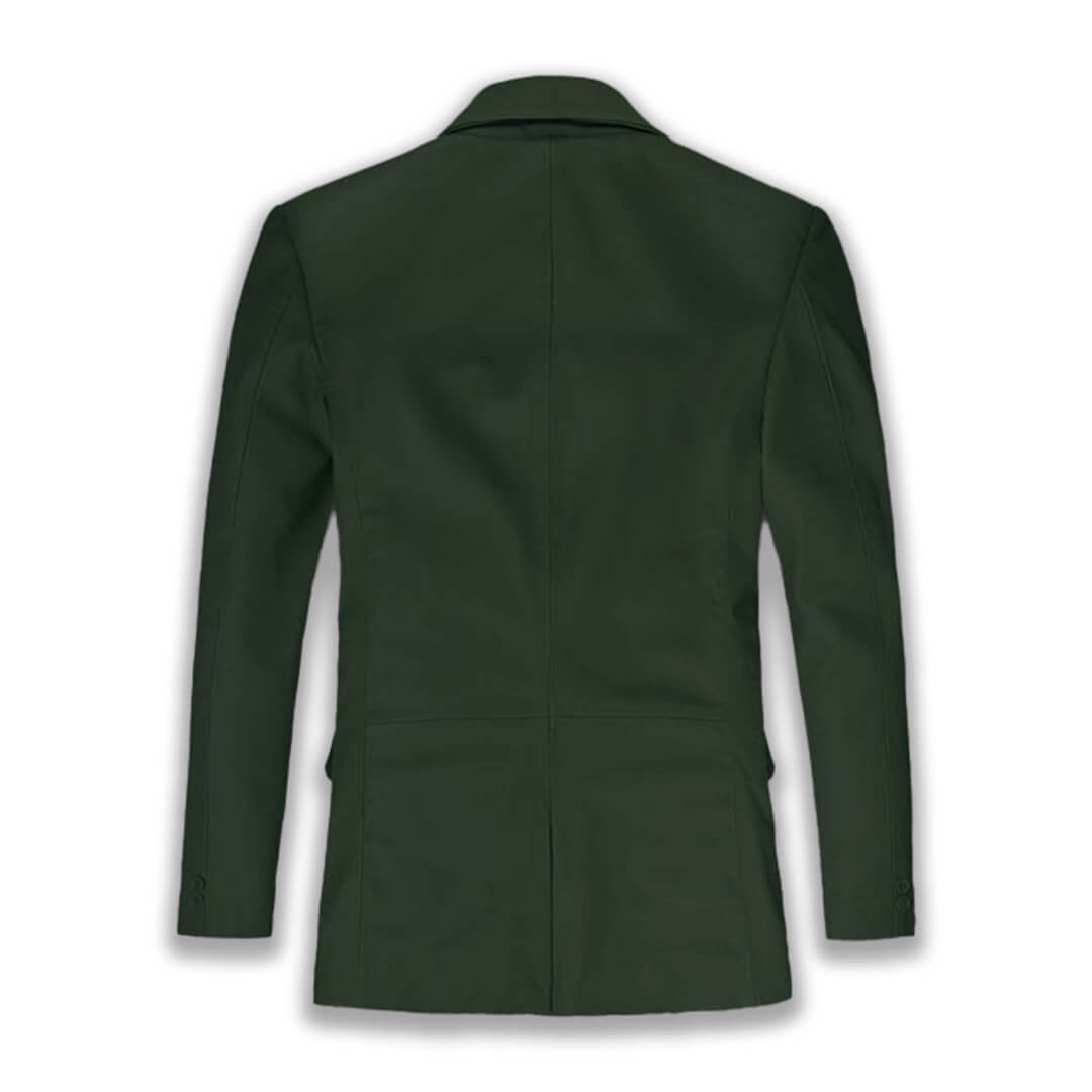 Chic German-inspired tailored green leather blazer, showcasing a fashion-forward fit and sophisticated style for modern outerwear.