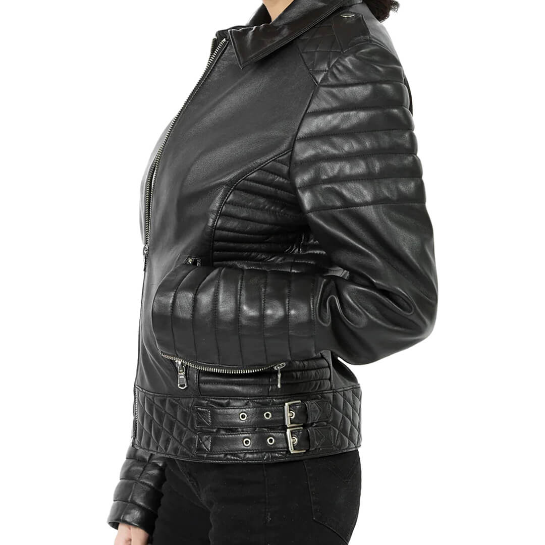 Chic slim-fit women's black leather biker jacket, perfect for motorcycle enthusiasts seeking stylish and durable outerwear.