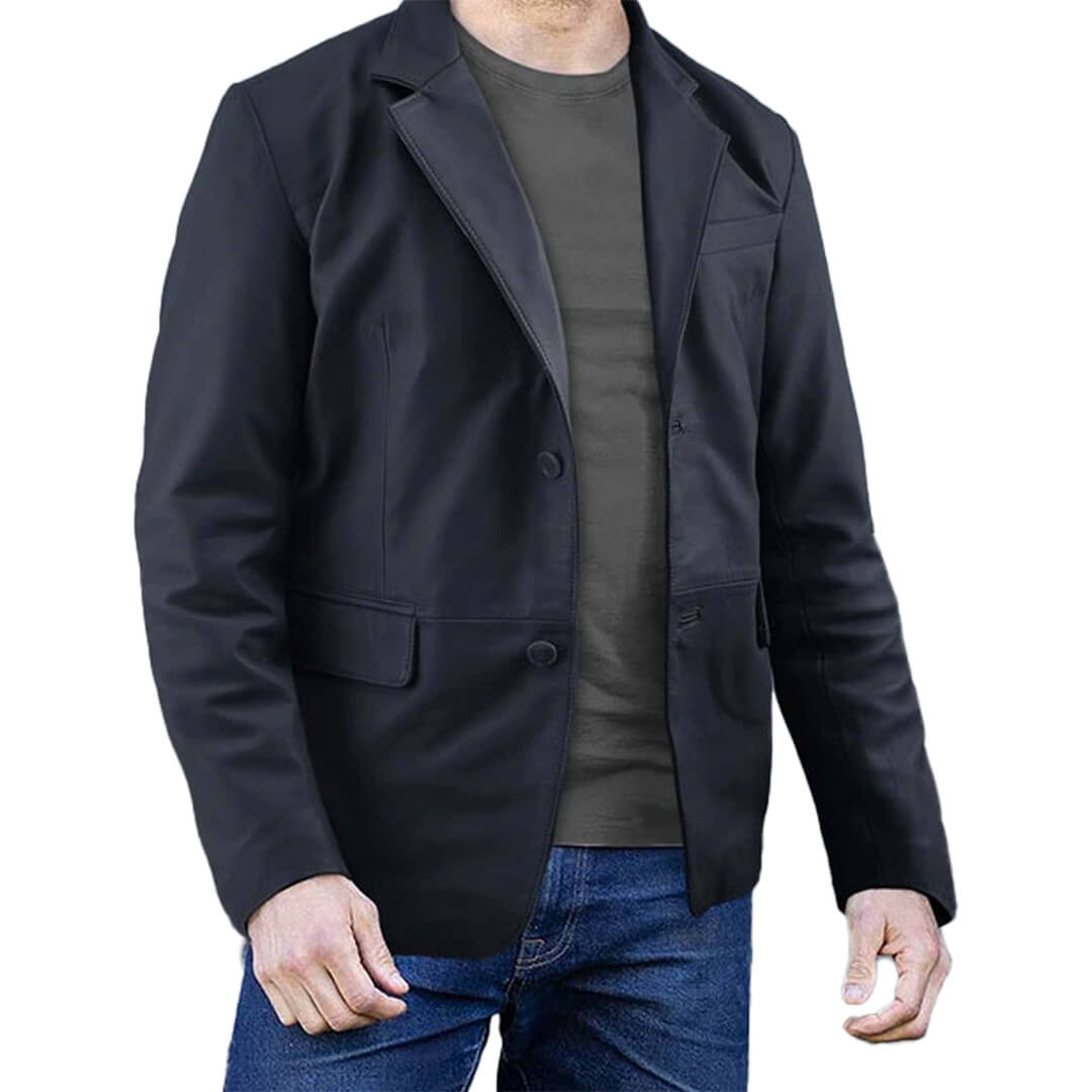 Sophisticated Nicolas black leather blazer for men, perfect for both sleek professional attire and stylish casual wear.