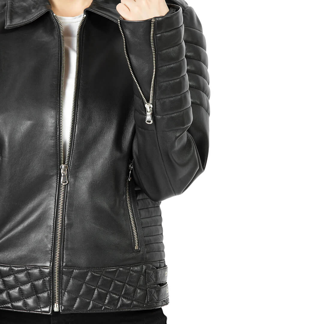 Chic slim-fit women's black leather biker jacket, perfect for motorcycle enthusiasts seeking stylish and durable outerwear.