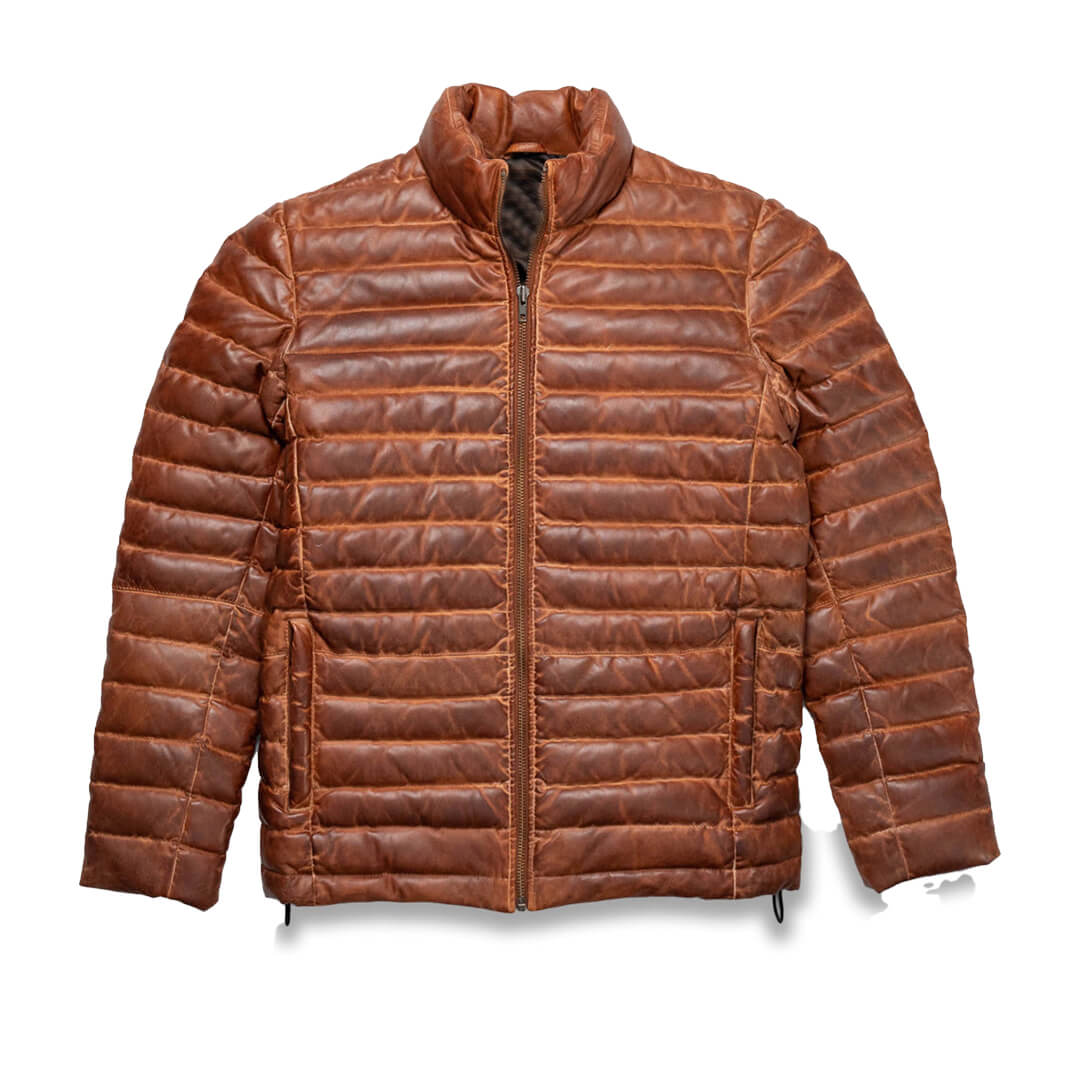 Stylish men's real lambskin leather puffer jacket with a smooth finish and luxurious design on a white background.