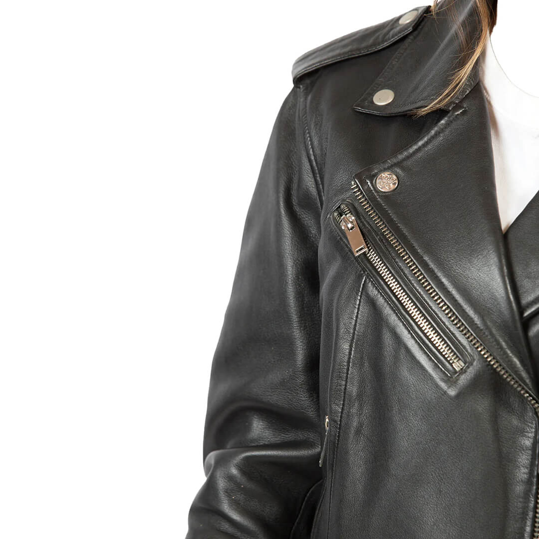 Women's classic black faux leather biker jacket, durable and stylish with an edgy design, perfect for fashion-forward wardrobes.