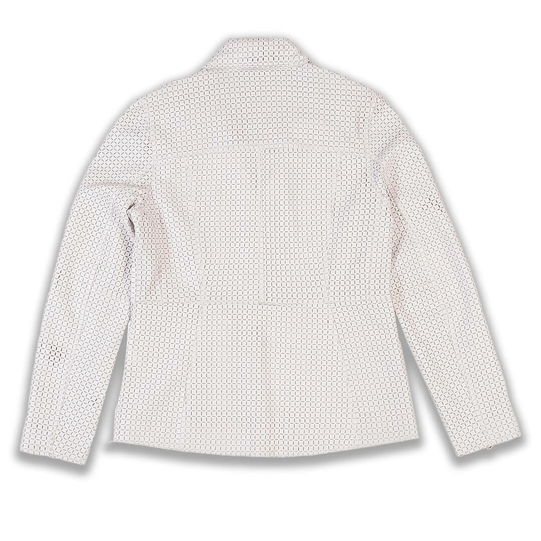 Elegant white shaded Benita leather jacket, trendy casual wear, ideal as a unique birthday gift for women.