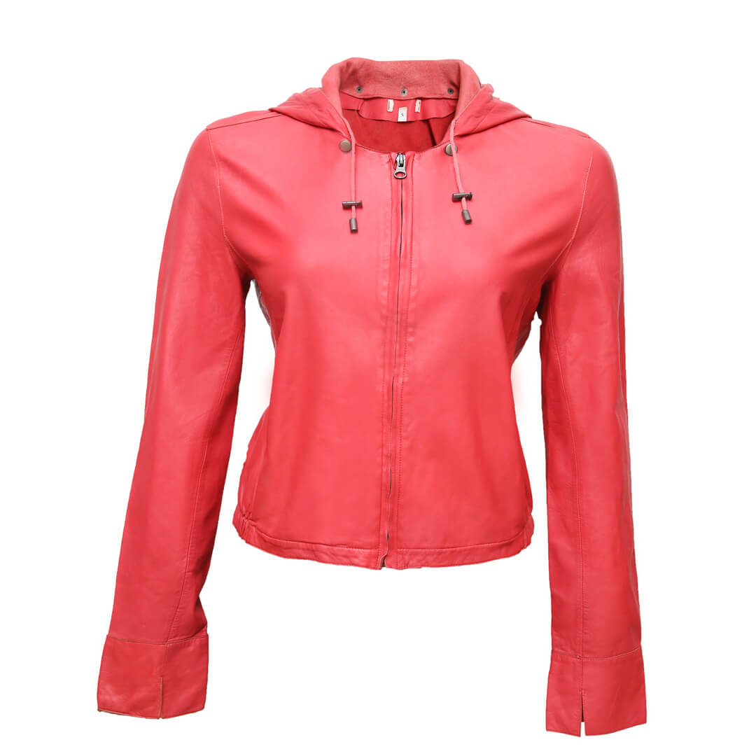 HEIDI Pink Leather Hoodie Soft Solid Color Jacket Long Sleeves for Women