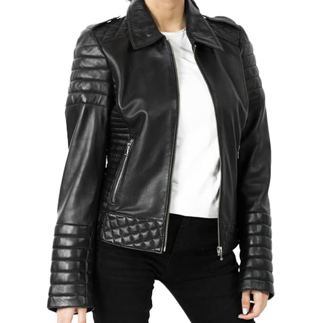 Chic slim-fit women's black leather biker jacket, perfect for motorcycle enthusiasts seeking stylish and durable outerwear.