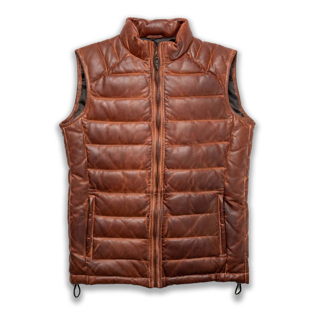 Light brown Nollaige cozy puffer vest, sleeveless and warm, ideal for stylish winter layering.