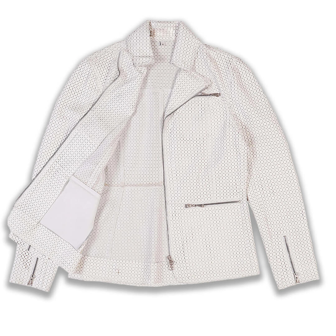 Elegant white shaded Benita leather jacket, trendy casual wear, ideal as a unique birthday gift for women.