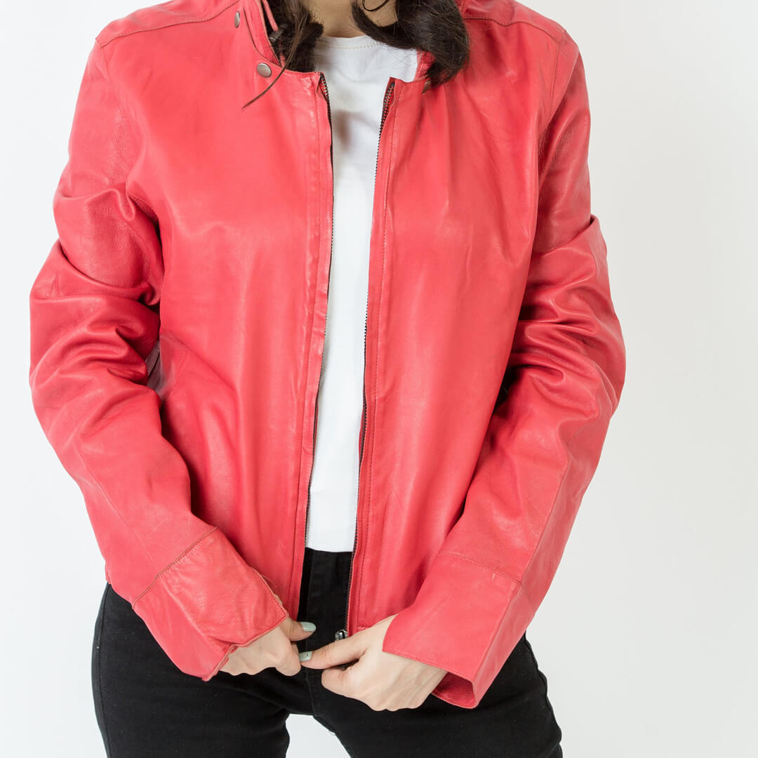 HEIDI Pink Leather Hoodie Soft Solid Color Jacket Long Sleeves for Women