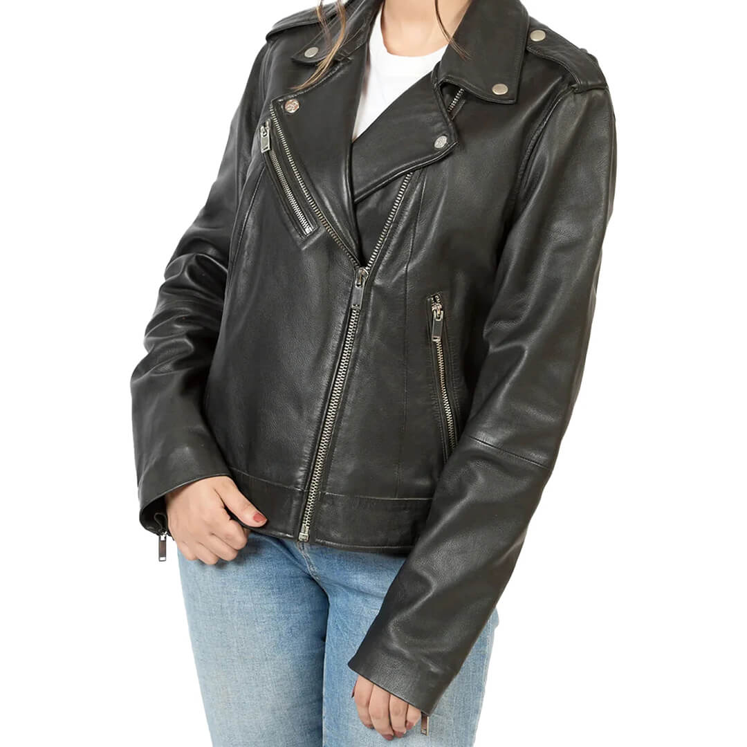 Women's classic black faux leather biker jacket, durable and stylish with an edgy design, perfect for fashion-forward wardrobes.