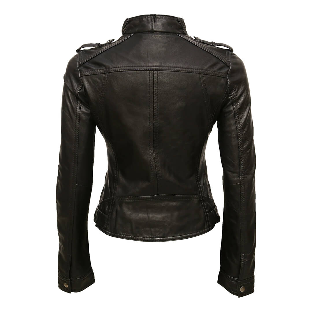 Diana Dark Black Button Leather Jacket for Women