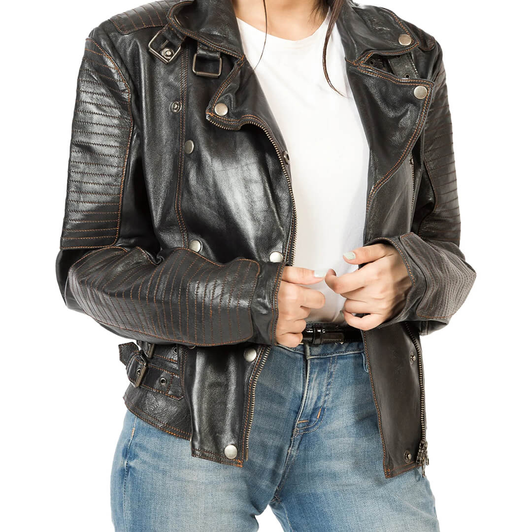 Man wearing authentic vintage black leather biker jacket with classic motorcycle style, designed for durability and riding comfort.
