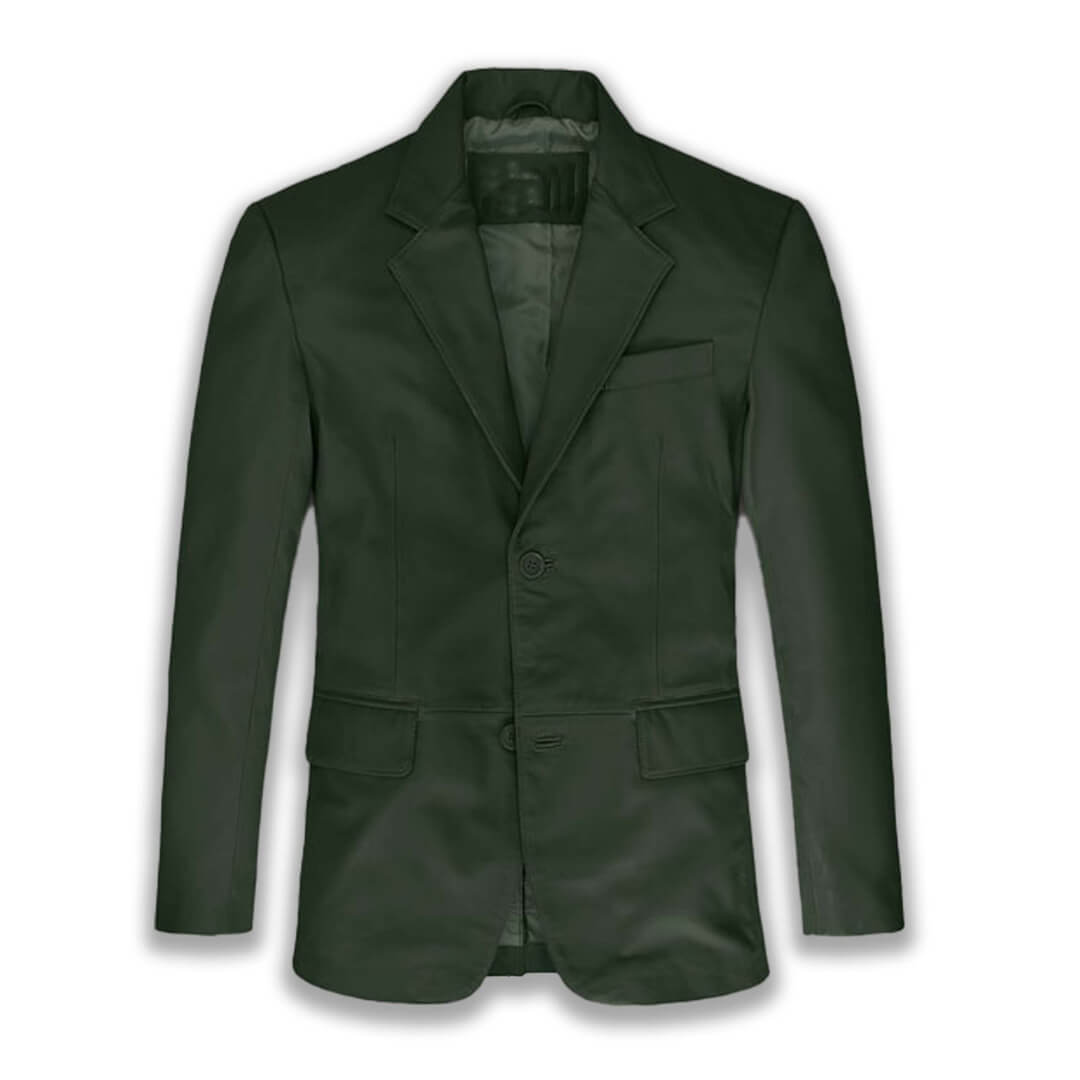 Chic German-inspired tailored green leather blazer, showcasing a fashion-forward fit and sophisticated style for modern outerwear.