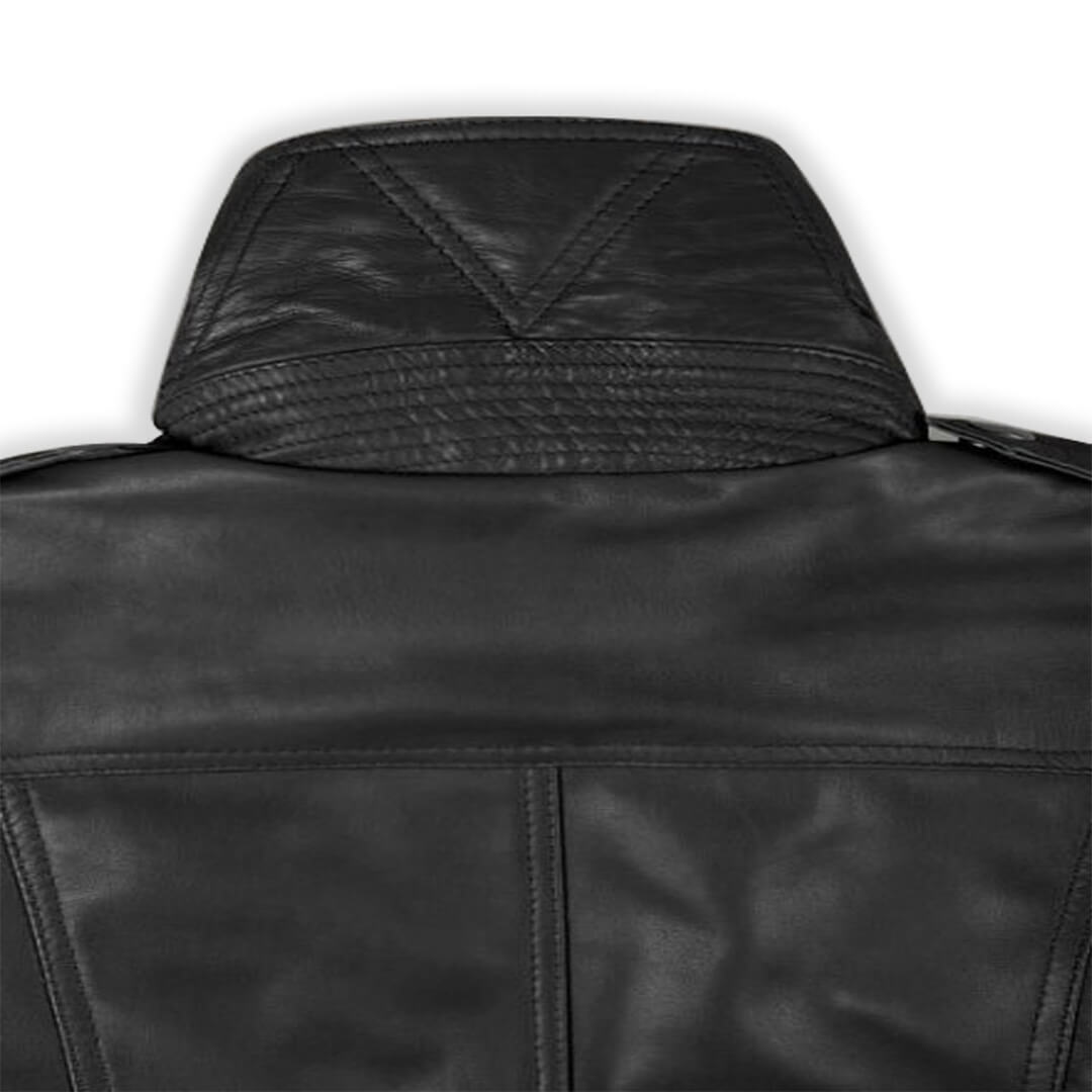 Chic custom leather jacket for women, sleek black design, handcrafted for fashionable and personalized outerwear.