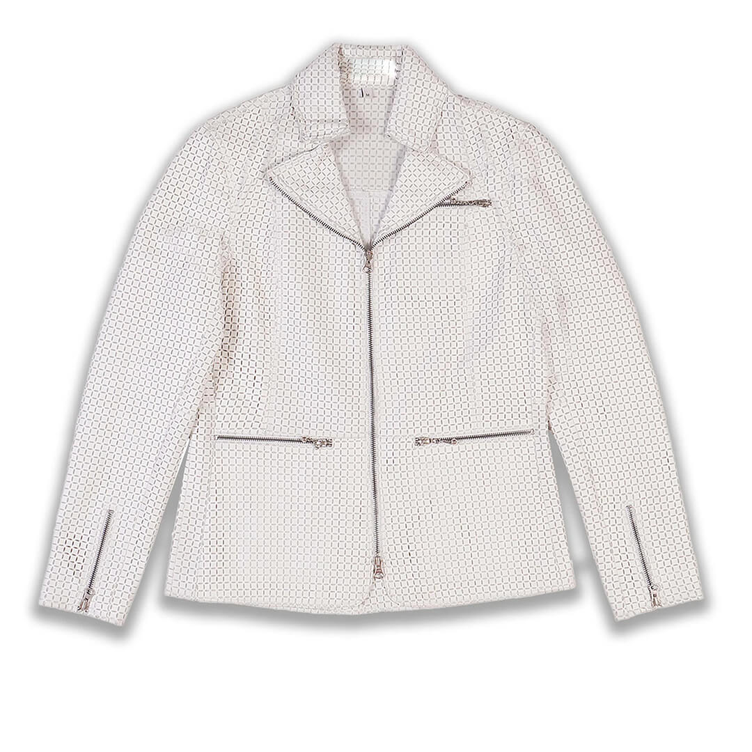 Elegant white shaded Benita leather jacket, trendy casual wear, ideal as a unique birthday gift for women.