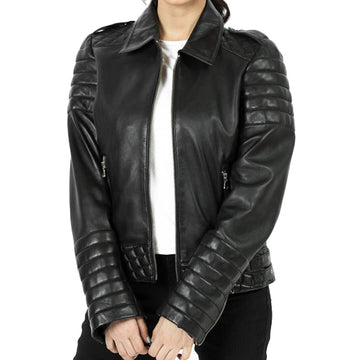 Chic slim-fit women's black leather biker jacket, perfect for motorcycle enthusiasts seeking stylish and durable outerwear.