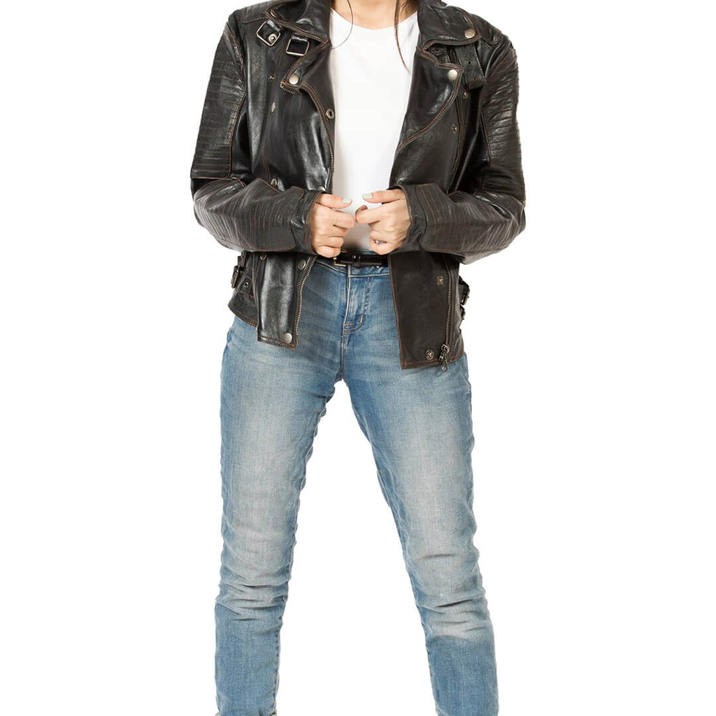 Man wearing authentic vintage black leather biker jacket with classic motorcycle style, designed for durability and riding comfort.