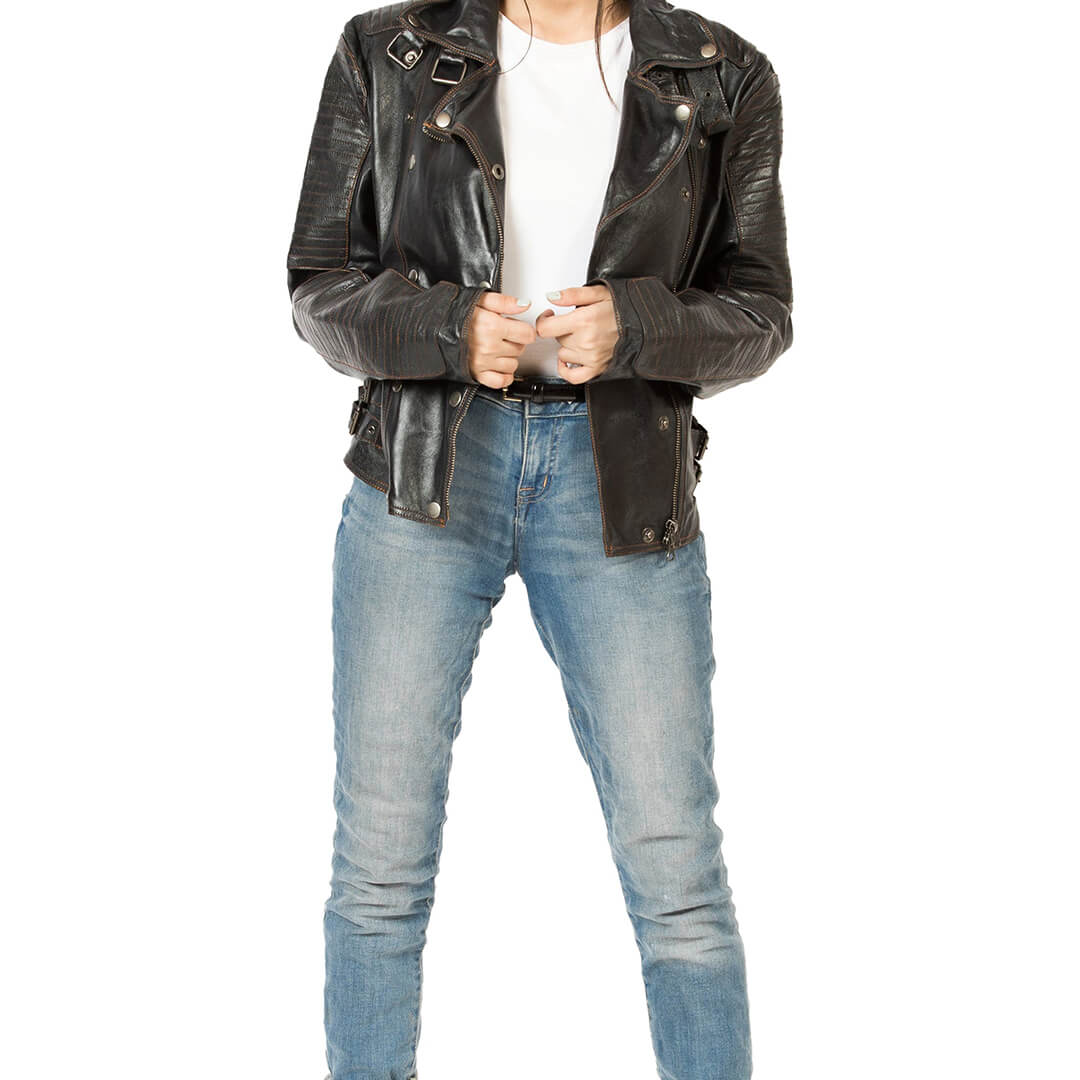 Man wearing authentic vintage black leather biker jacket with classic motorcycle style, designed for durability and riding comfort.